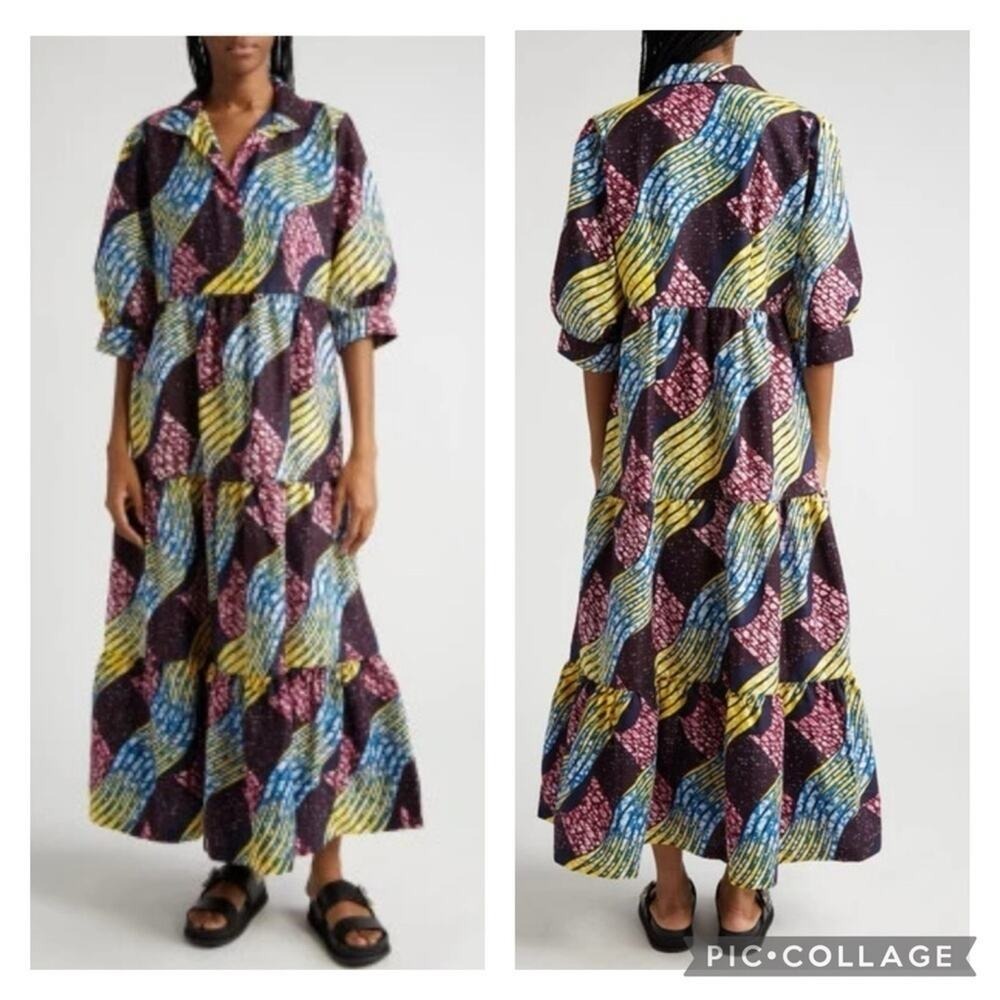 The Oula Company Multi African Print Cotton Maxi Dress Plum Blue Yellow Size S
